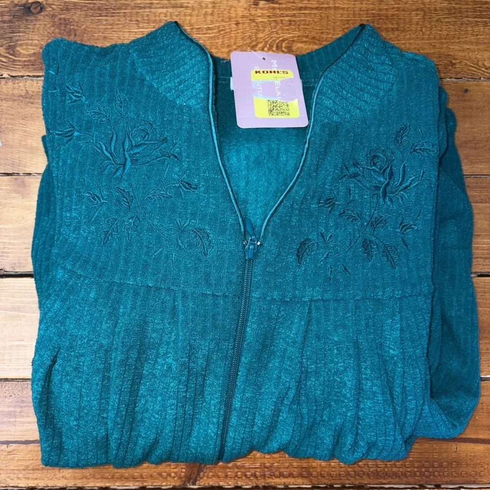 Miss Elaine Robe Women Petite Small Emerald Green Zip Front Floral Embroidery PS